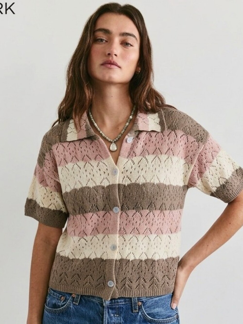 Star Italy Pointelle Knit Striped Cardigan Sweater Top pastel pink Large